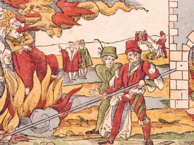 Witches being burned at the stake, color drawing, 16th century.