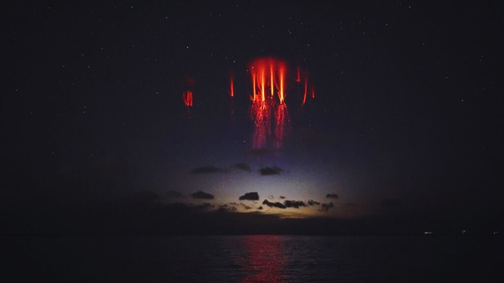 On December 4, 2021, red sprites emerged over thunderstorms in the southeast Aegean Sea, as observed from the eastern suburbs of Athens, Greece. Credits: Copyright Thanasis Papathanasiou.