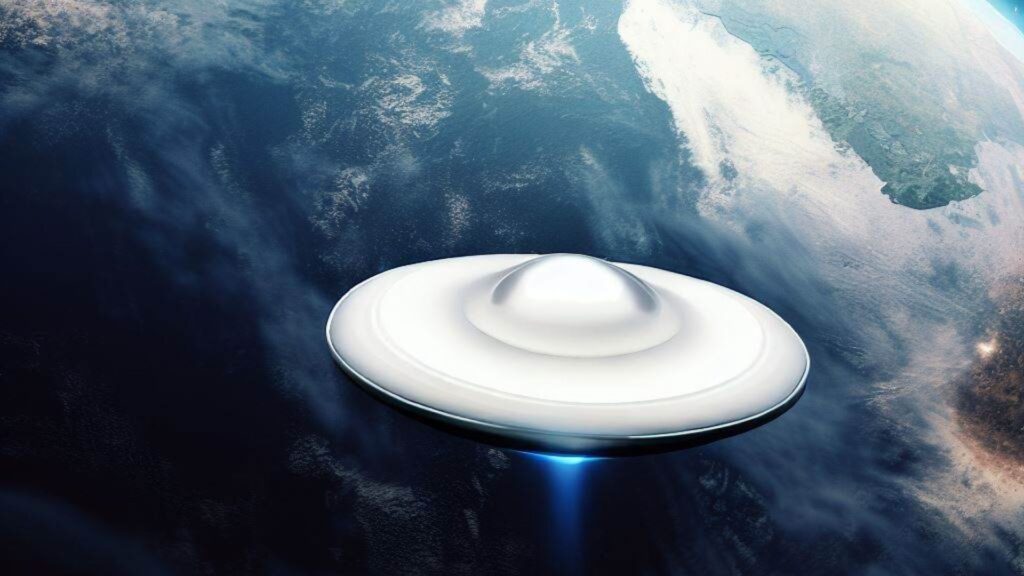 A big white ufo above earth's athmosphere.