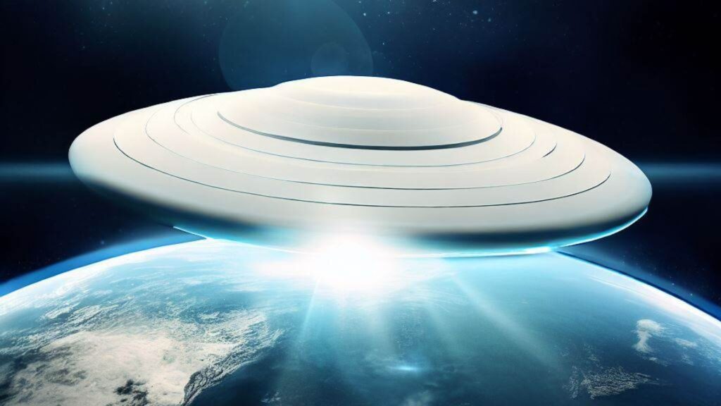 A white flying saucer above Earth.