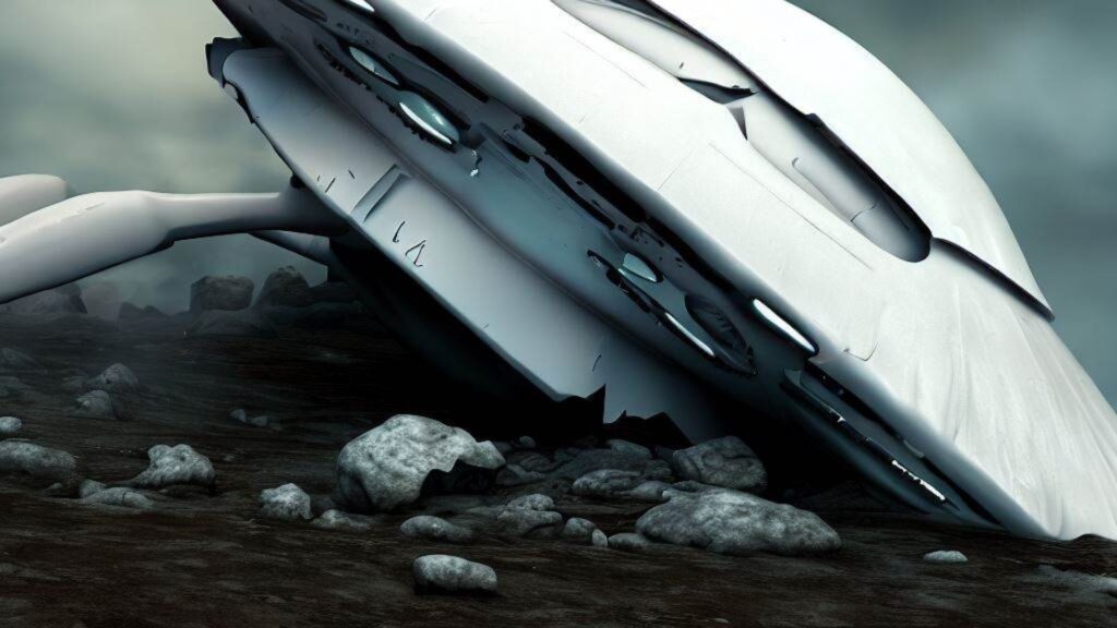A crashed white flying saucer.