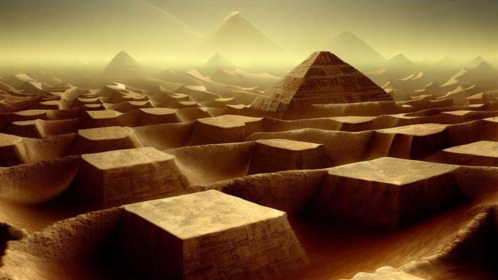 a photorealistic image of an ancient advanced civilisation pyramids in the dessert.