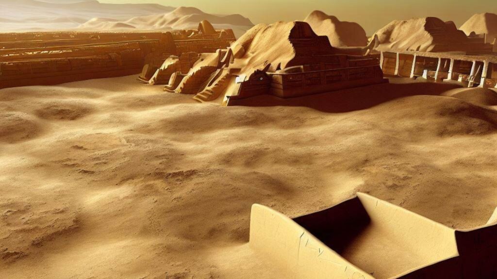 a photorealistic image of an ancient advanced civilisation archaeological dig dessert in egypt