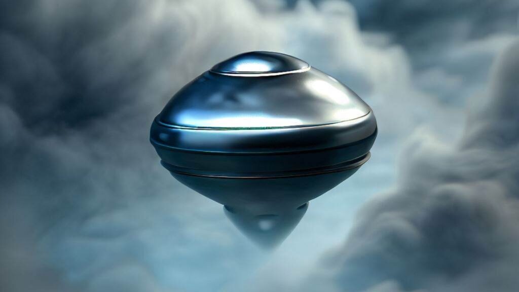 a photorealistic image of a small round metallic alien probe in the clouds
