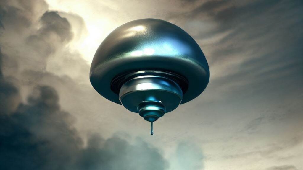 A round mettalic ufo in the clouds.