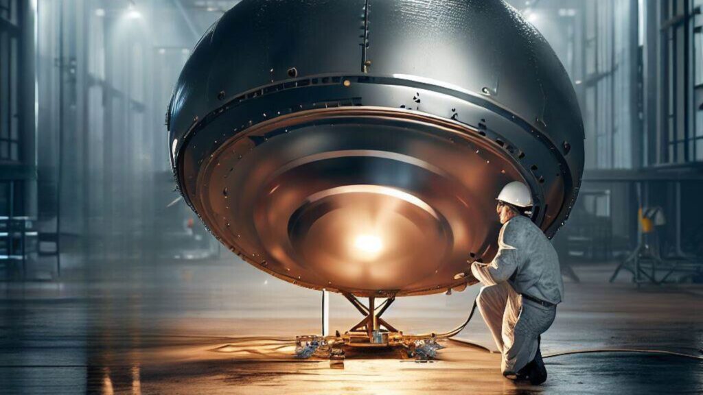 a photorealistic image of scientists back engineering of a small round metallic alien probe in a hangar.
