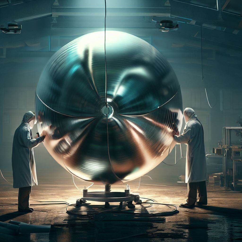 Two scientists exploring a round metallic ufo in a hangar.