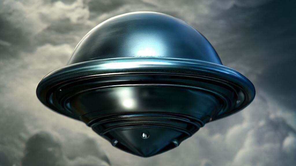 Photorealistic depiction of a metallic alien probe in cloudy skies
