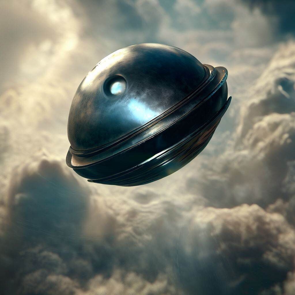 Image of a small round UFO hovering amidst clouds