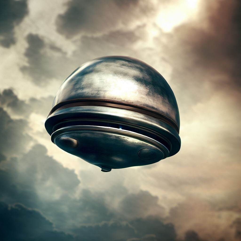 isual depiction of a round alien spacecraft in cloudy atmosphere