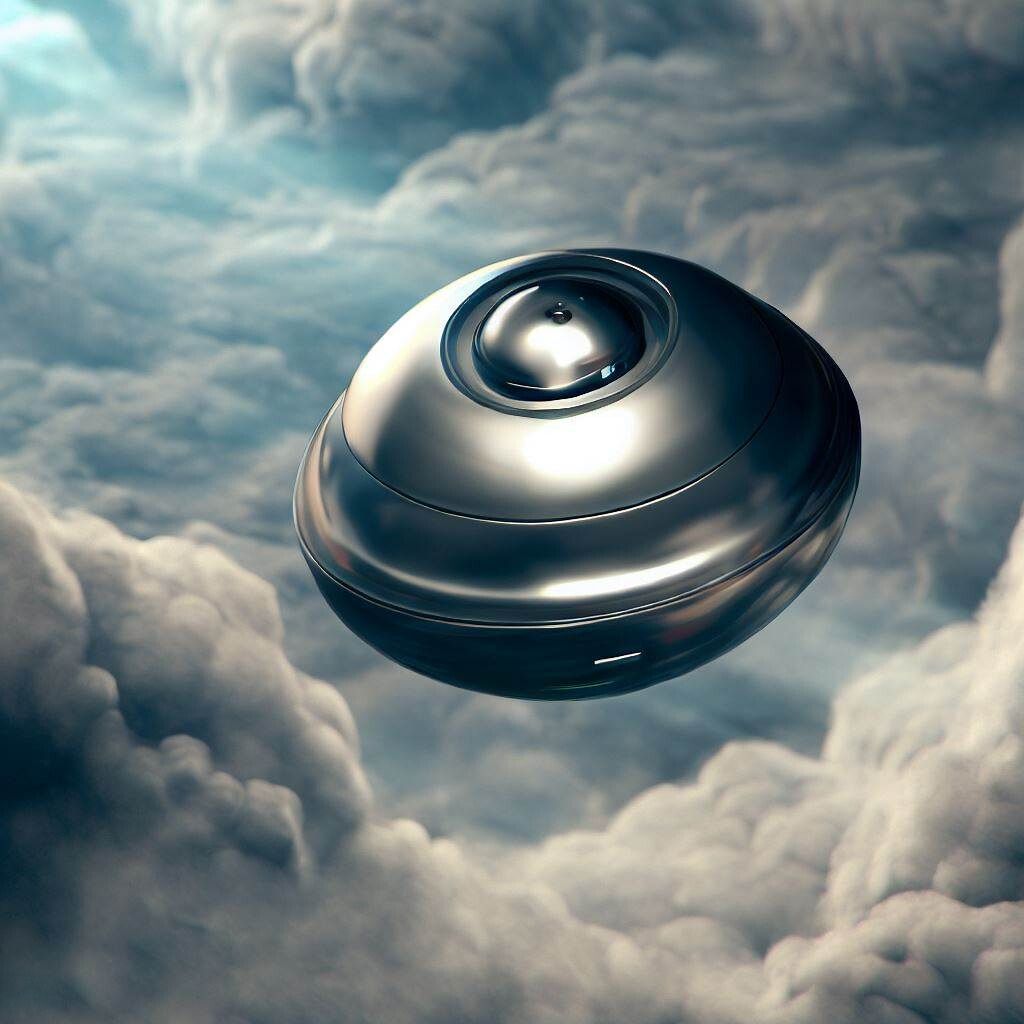 Illustration of a small metallic UFO floating in the clouds