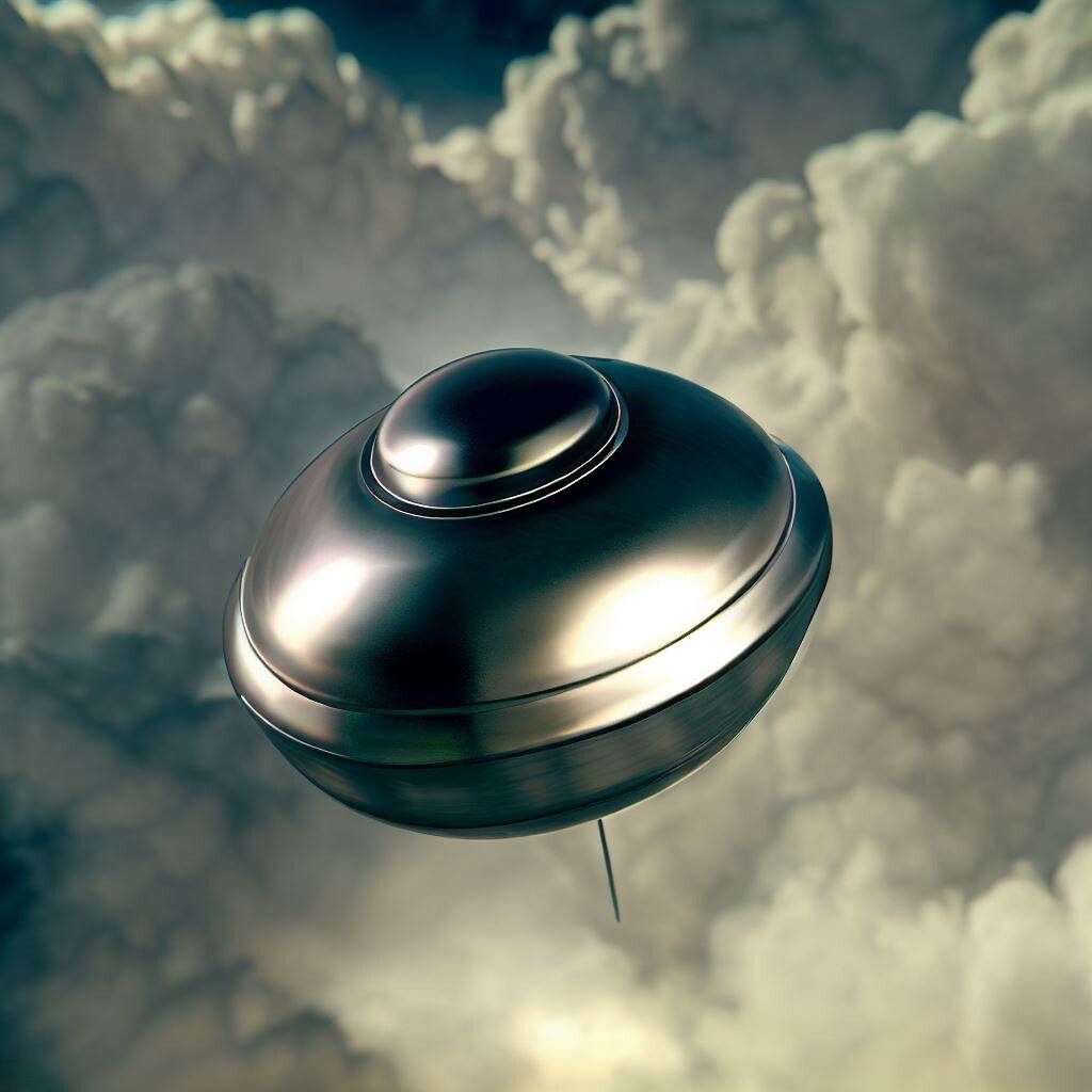 Rendered image of a small alien spacecraft amidst clouds