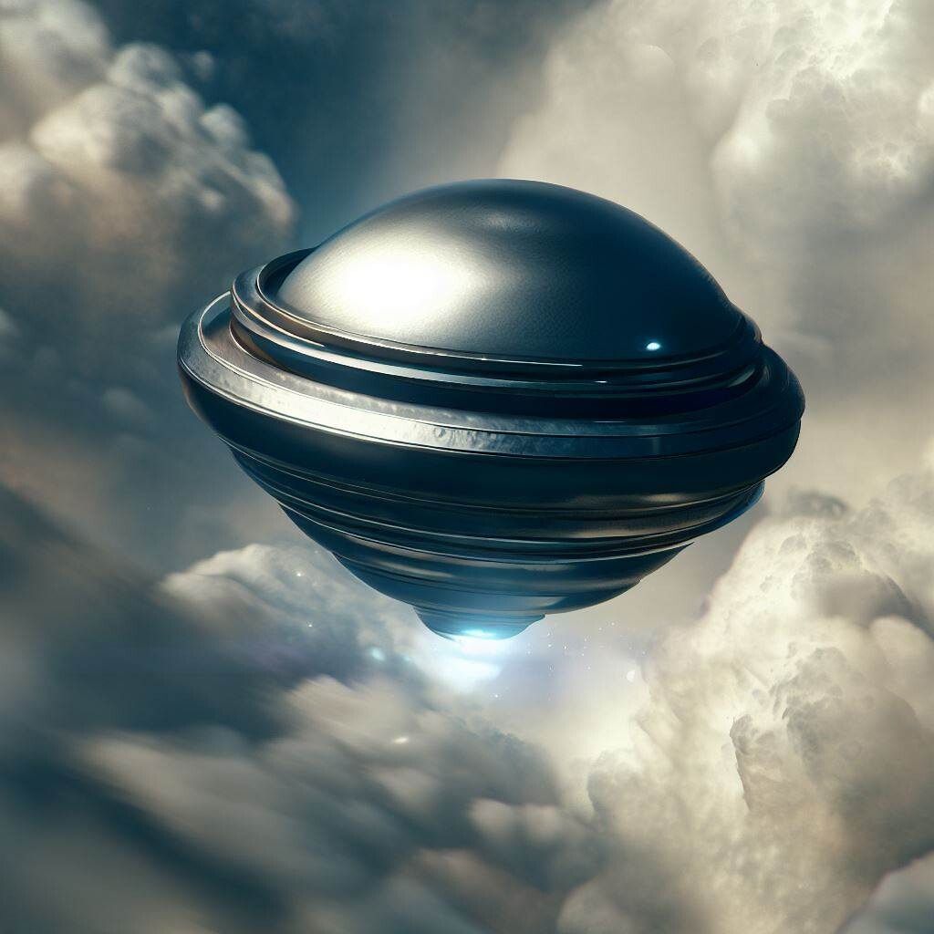 Digital art of a metallic UFO hovering in cloudy skies