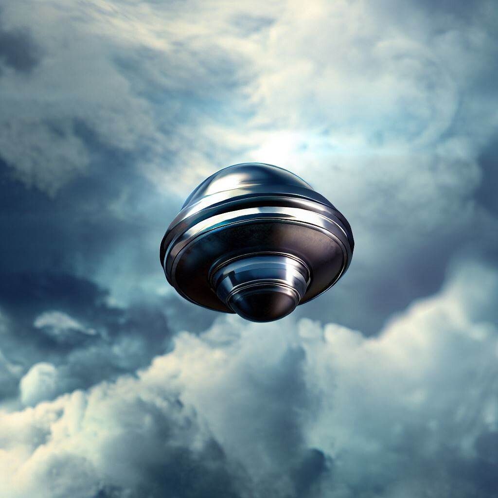 Visual art of a small round alien probe in the clouds
