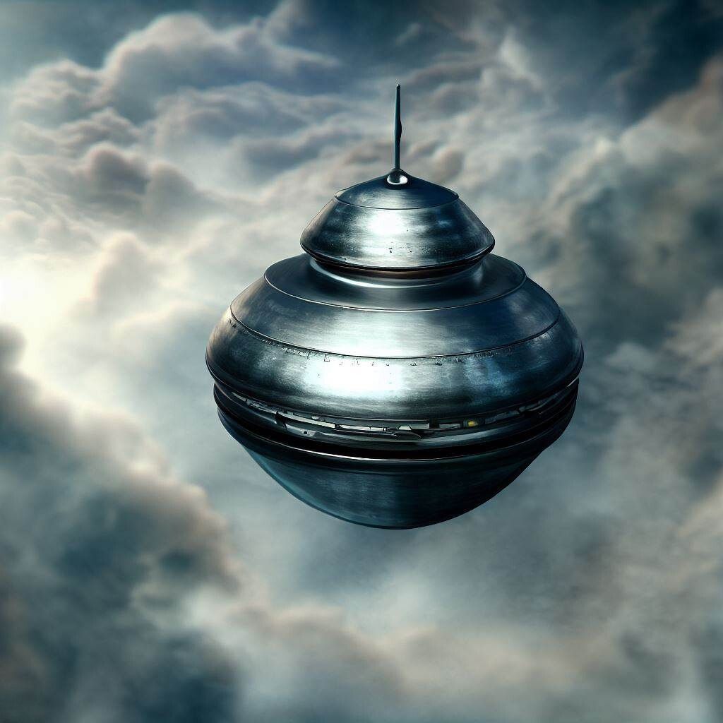 Image of a photorealistic metallic extraterrestrial spacecraft in the sky