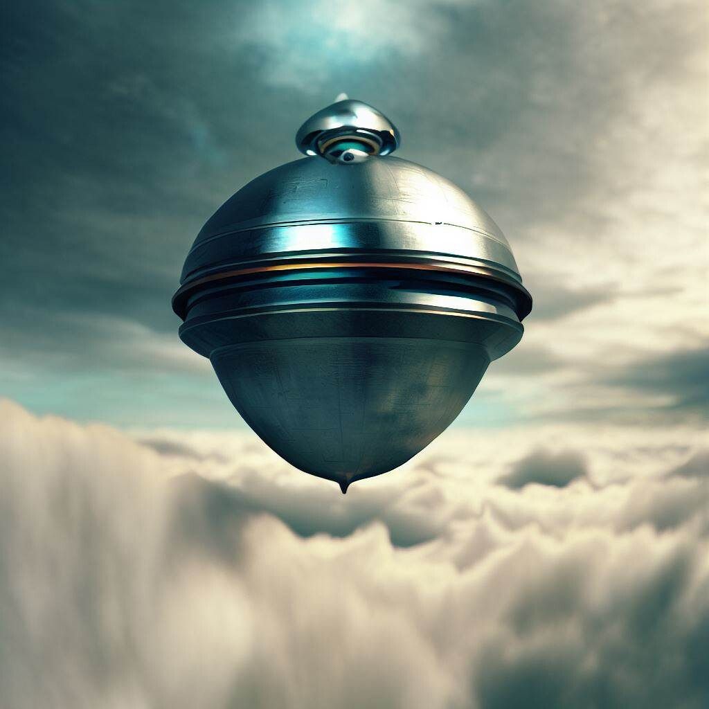 Artistic rendering of a small metallic alien probe navigating through clouds