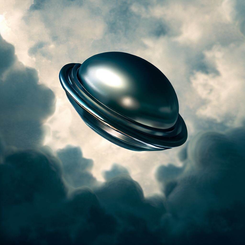 Digital illustration of a round UFO amidst the cloudy atmosphere