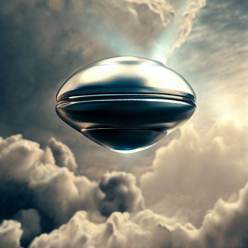 Graphic representation of a small extraterrestrial spacecraft in cloudy skies