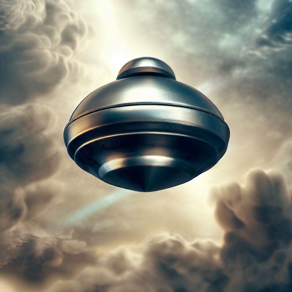 Photorealistic image of a metallic alien probe floating in the clouds