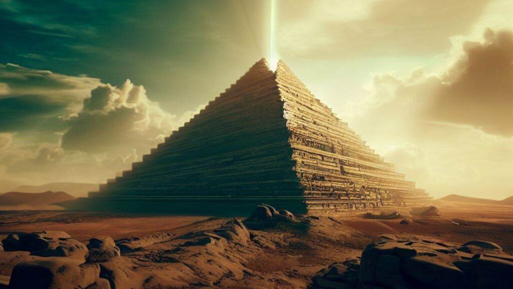 Photorealistic image of ancient Pyramid in archaeological desert dig