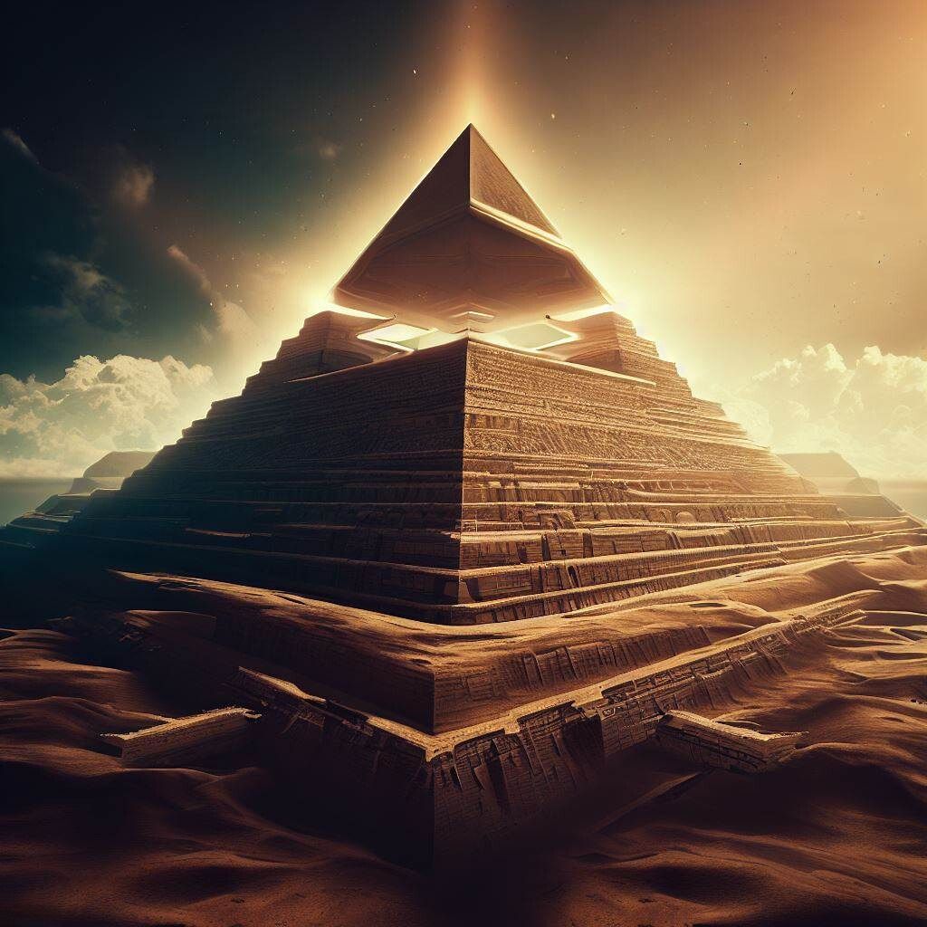Pyramid in desert from advanced ancient civilization dig