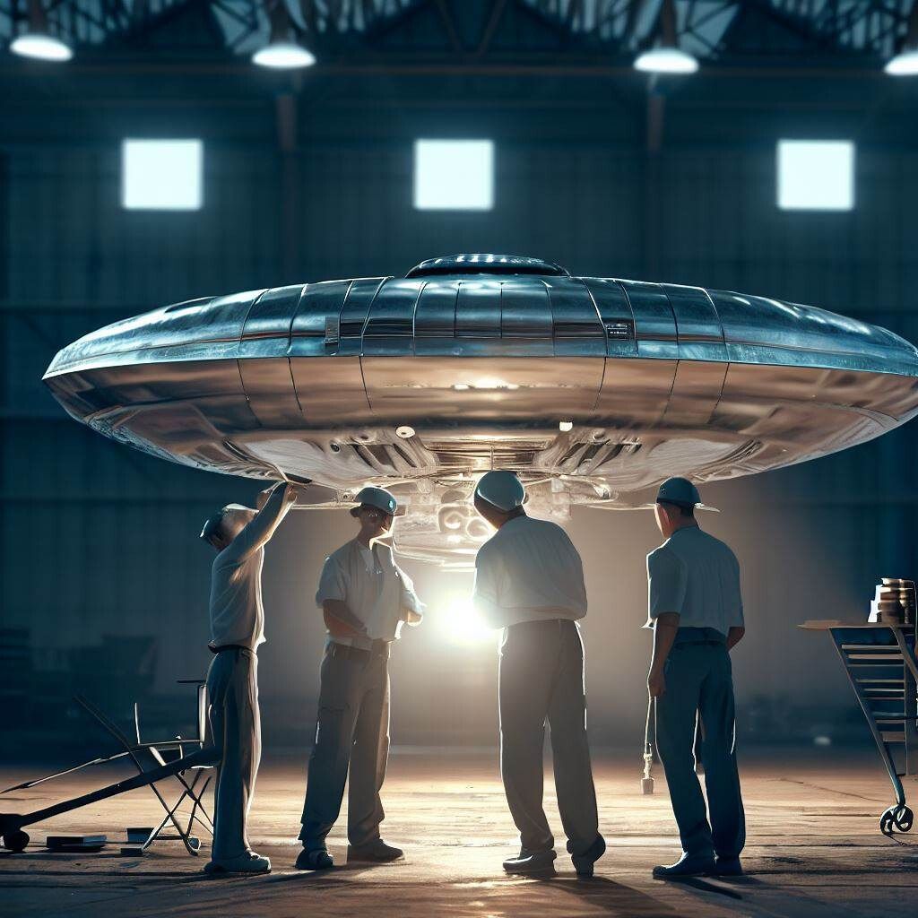 Metallic flying saucer in hangar with scientists