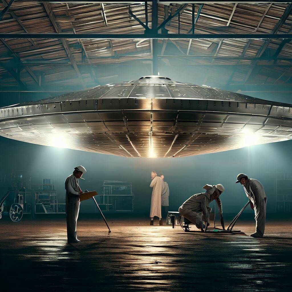 Flying saucer being analyzed by scientists in hangar