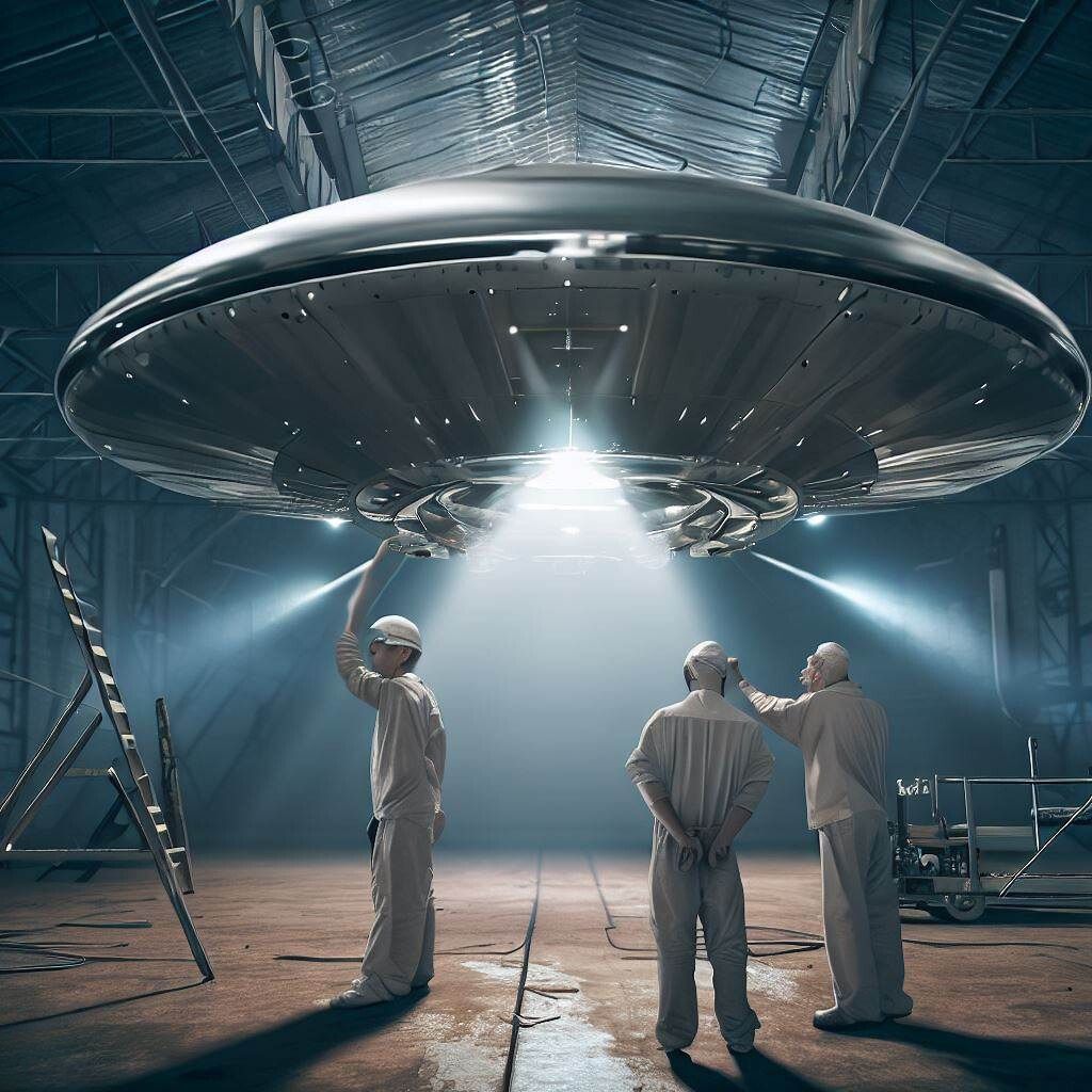 Scientists engineering a metallic flying saucer in hangar