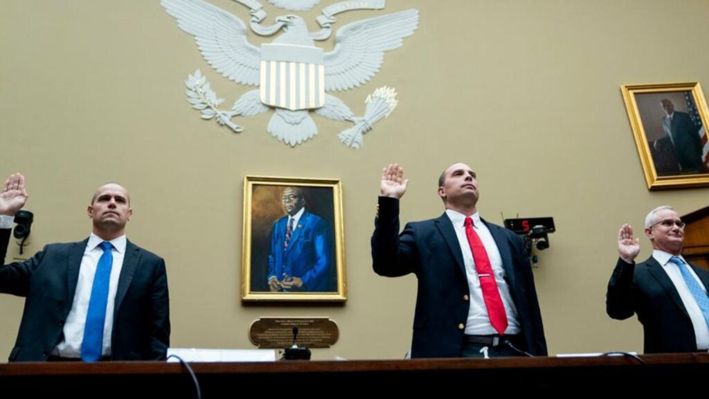 Ryan Graves, the executive director of Americans for Safe Aerospace, retired Air Force Major David Grusch, and retired Navy Commander David Fravor were sworn in at a House Oversight and Accountability subcommittee hearing on UFOs.