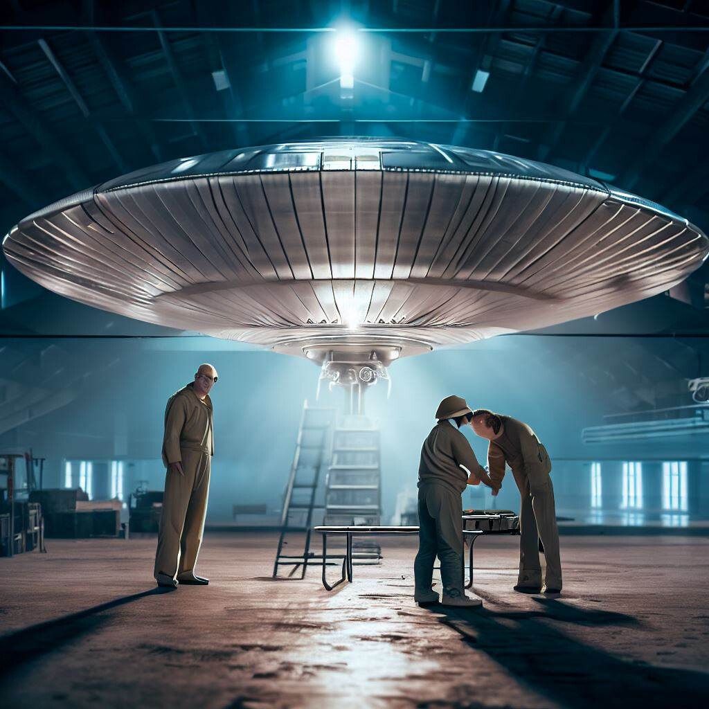 Scientists back-engineering a metallic flying saucer in a hangar