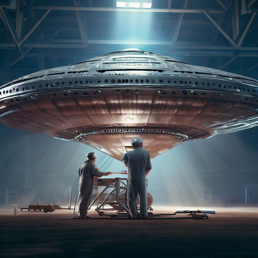 Metallic flying saucer being engineered by scientists in hangar