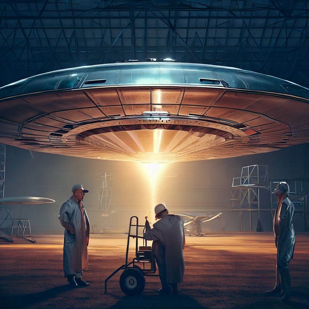 Scientists in hangar with metallic flying saucer, back-engineering