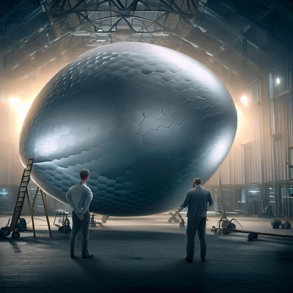 Metallic egg-shaped flying saucer in hangar