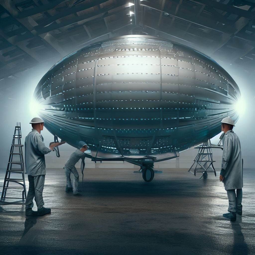 Smooth metallic flying saucer being studied