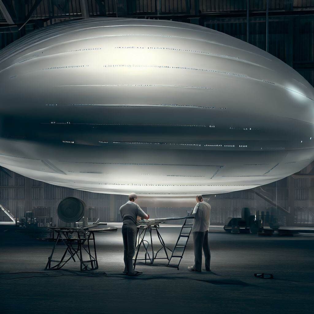 Silver-gray saucer in hangar with scientists