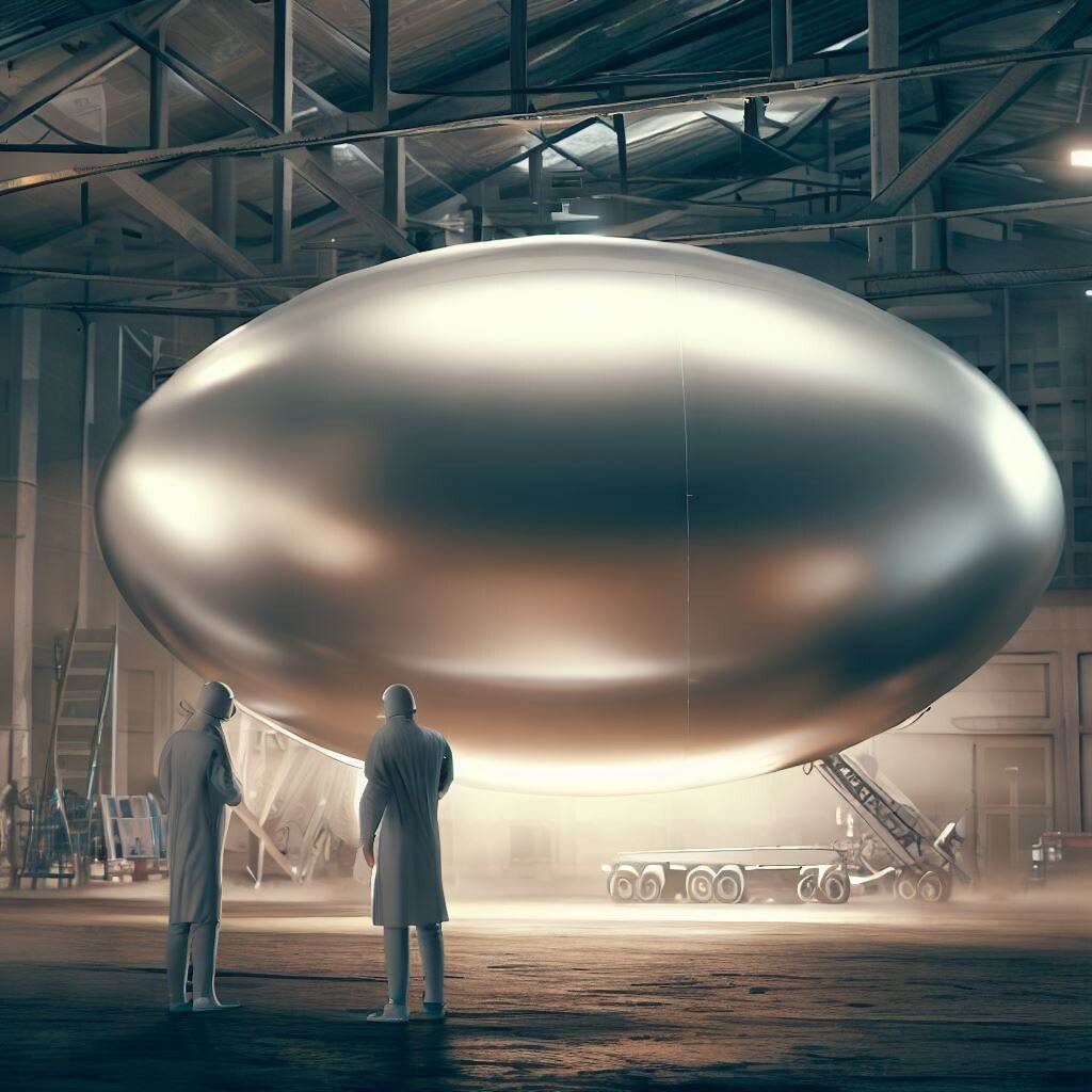 Egg-shaped flying saucer in scientific hangar