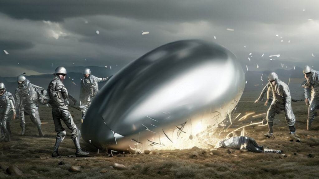 a photorealistic image of military a Quick Reaction Force surrounding a crashed silver-gray smooth metallic egg-shaped flying saucer half-burried in a field.