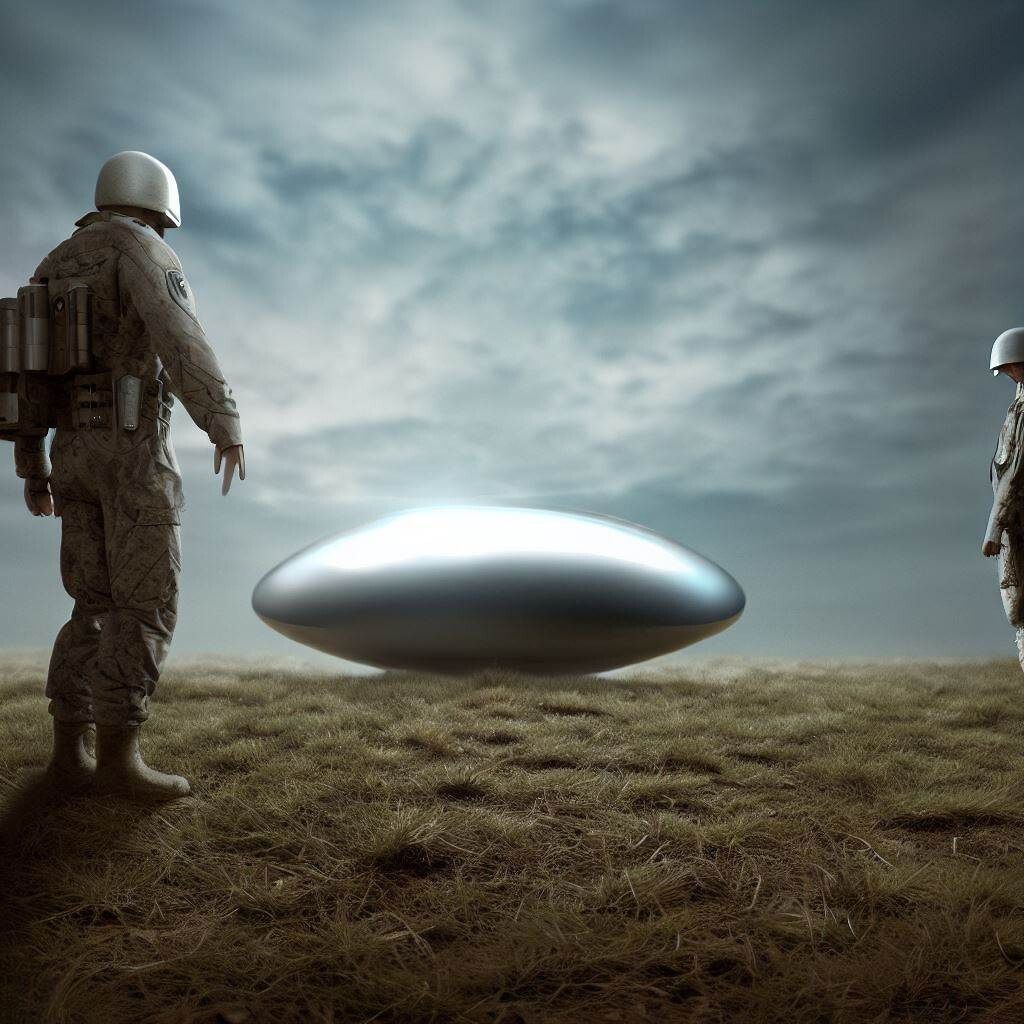 Military Quick Reaction Force examining half-buried silver-gray UFO