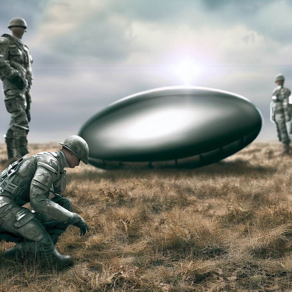 Photorealistic image of Quick Reaction Force with metallic UFO in field