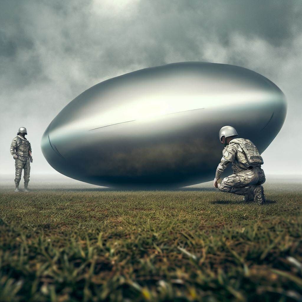 Military Quick Reaction Force examining silver-gray UFO in field
