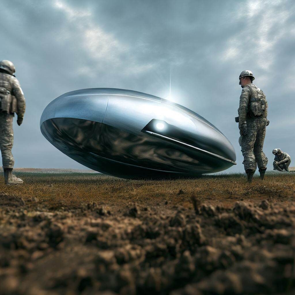 Photorealistic UFO in field, observed by military Quick Reaction Force