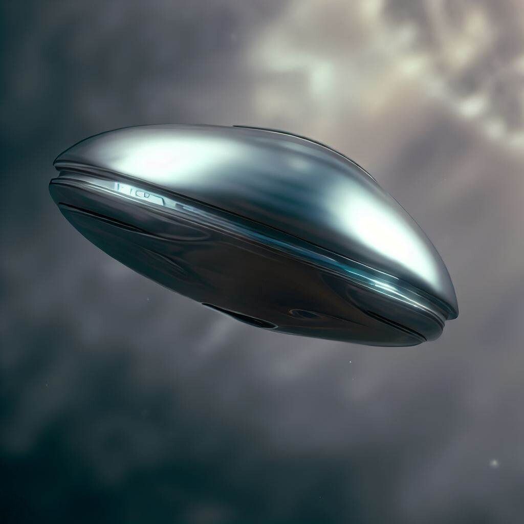 Photorealistic silver-gray metallic UFO in atmosphere.