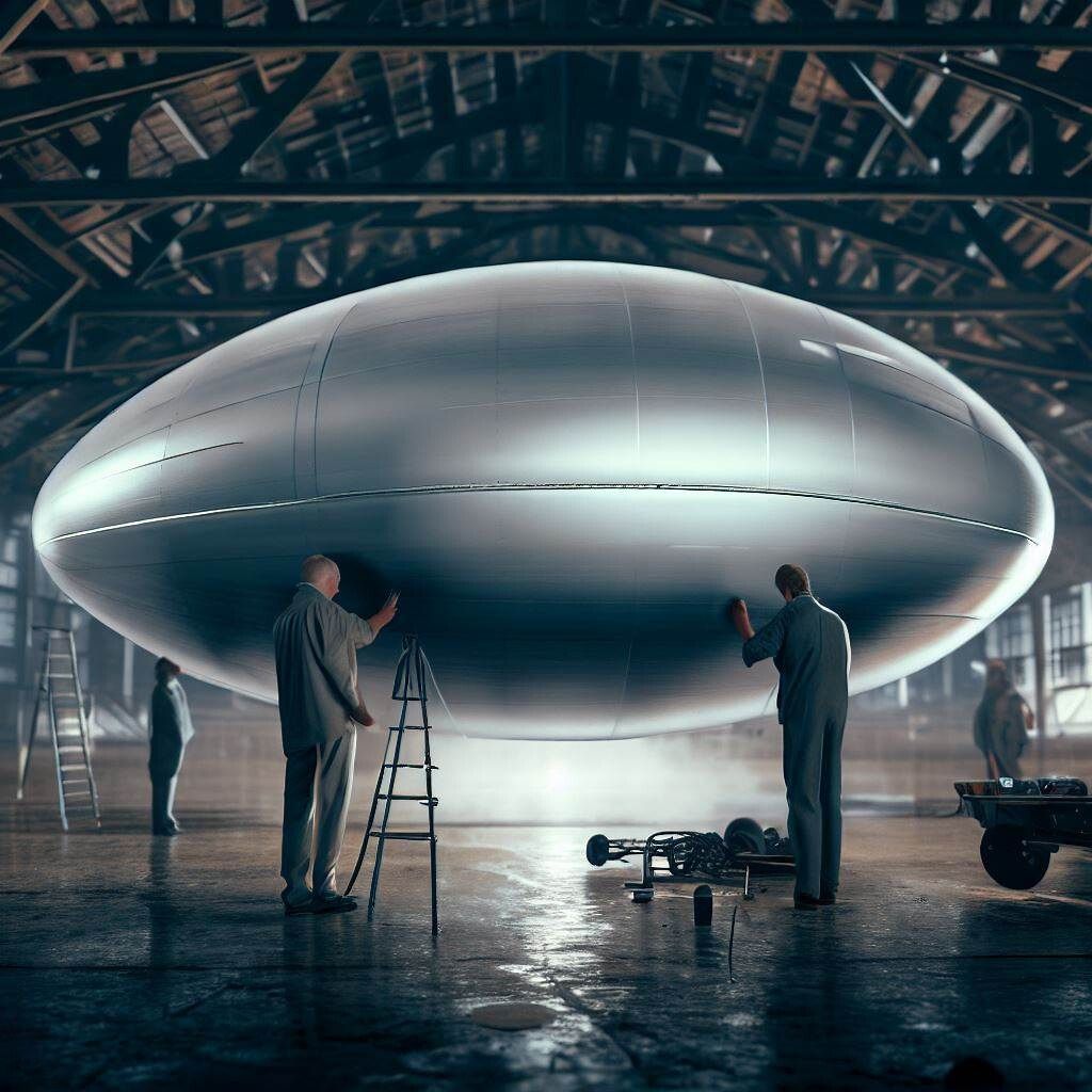 Scientists reverse engineering silver-gray metallic saucer in hangar.