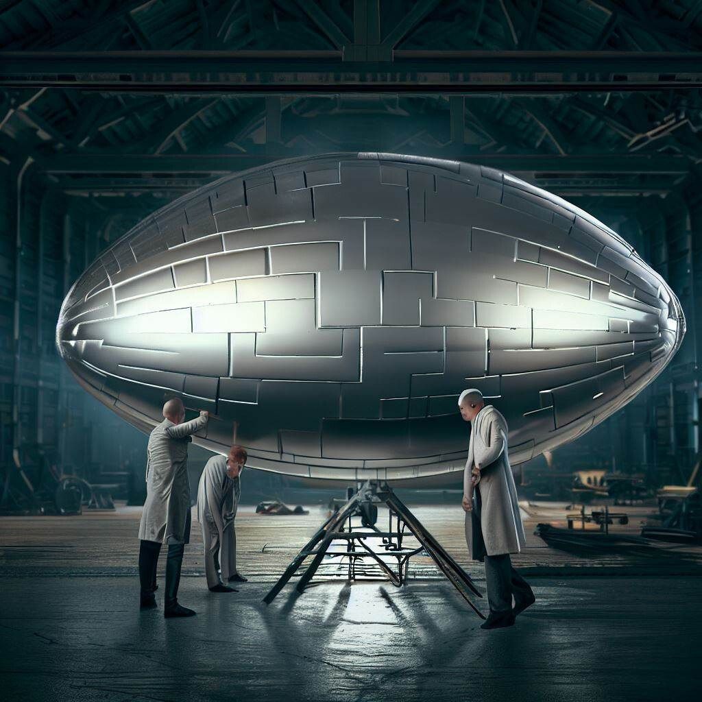 Photorealistic image of scientists back engineering metallic flying saucer