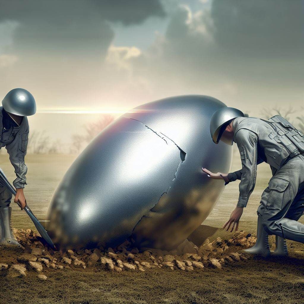 Photorealistic image of Quick Reaction Force retrieving metallic UFO