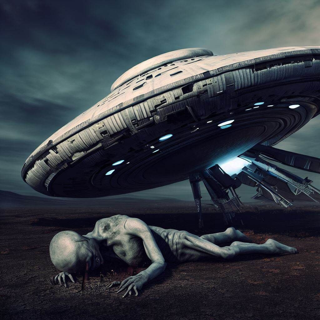 crashed ufo with a dead alien lying on the ground.