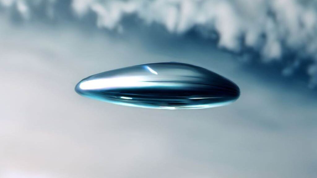 A photorealistic image of a small elliptical, metallic ufo in the clouds in the distance fast moving