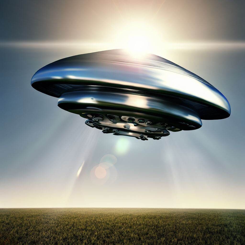 Photorealistic metallic UFO depiction
