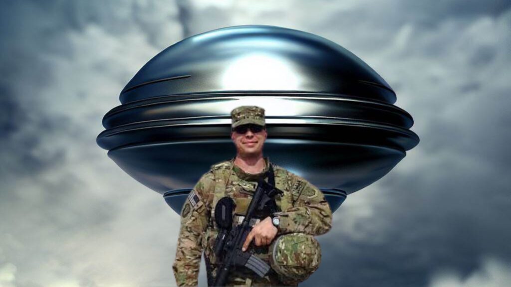 David Grusch in front of a ufo.
