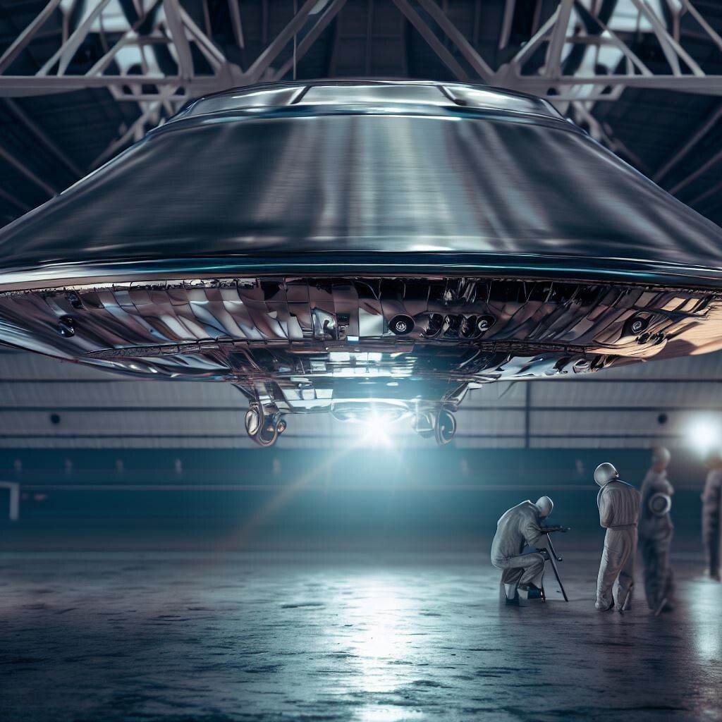 A UFO examined by scientists in a hangar.
